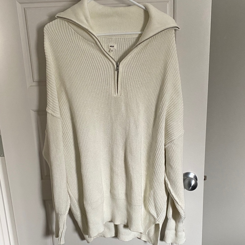 Aerie Cream Half-Zip Ribbed Sweater